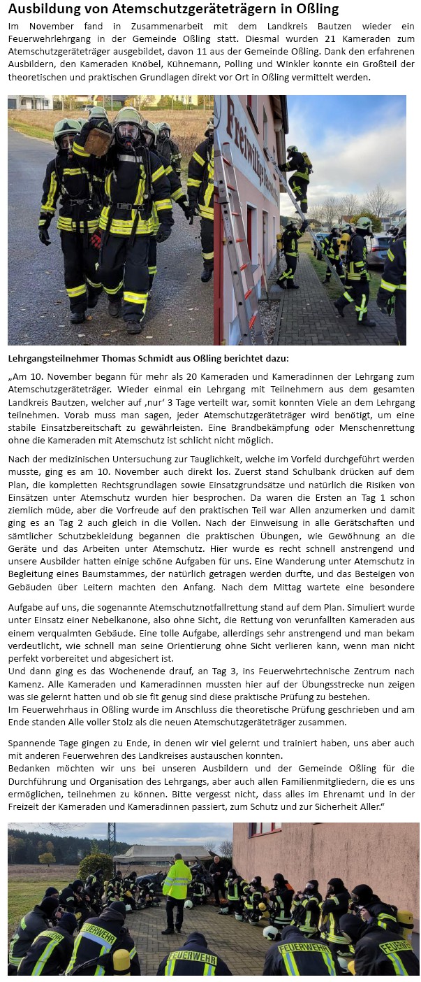 Ausbildung Atemschutz der Feuerwehr Oßling