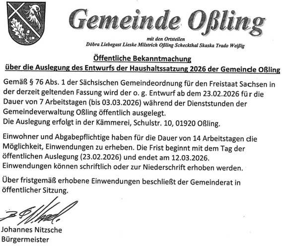 Auslegung des Entwurfs der Haushaltssatzung 2026