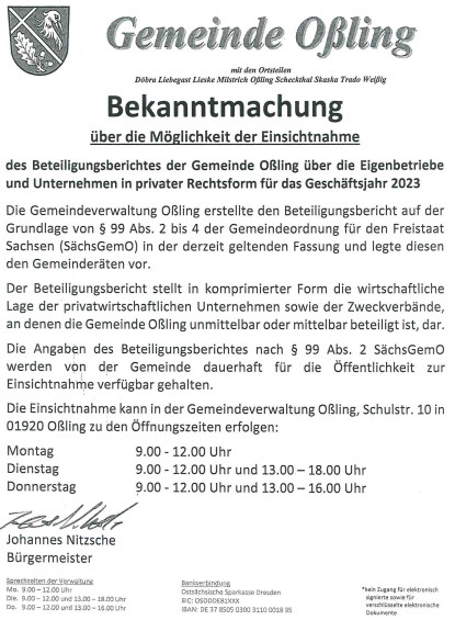 Einsichtnahme Beteiligungsbericht Oßling