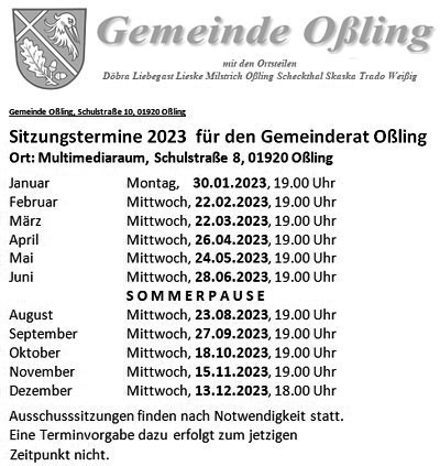 Sitzungstermine Gemeinderat Oßling 2023