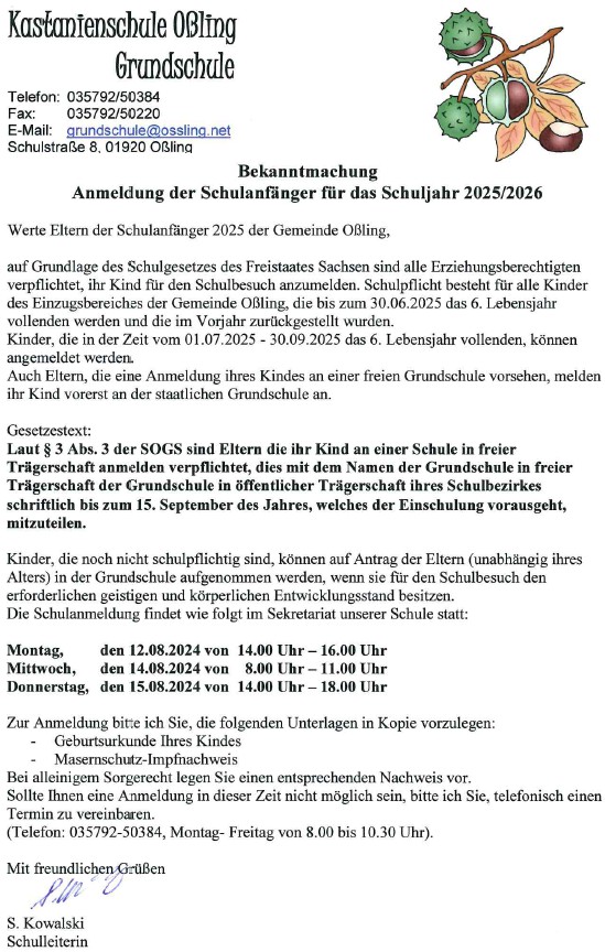 Grundschule Oßling - Anmeldung 2024