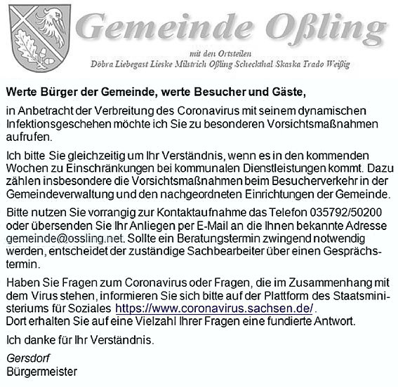 Gemeinde Oßling - Mitteilung zur Corona-Krise 1