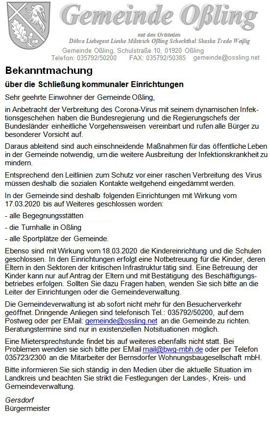 Gemeinde Oßling - Mitteilung zur Corona-Krise 2