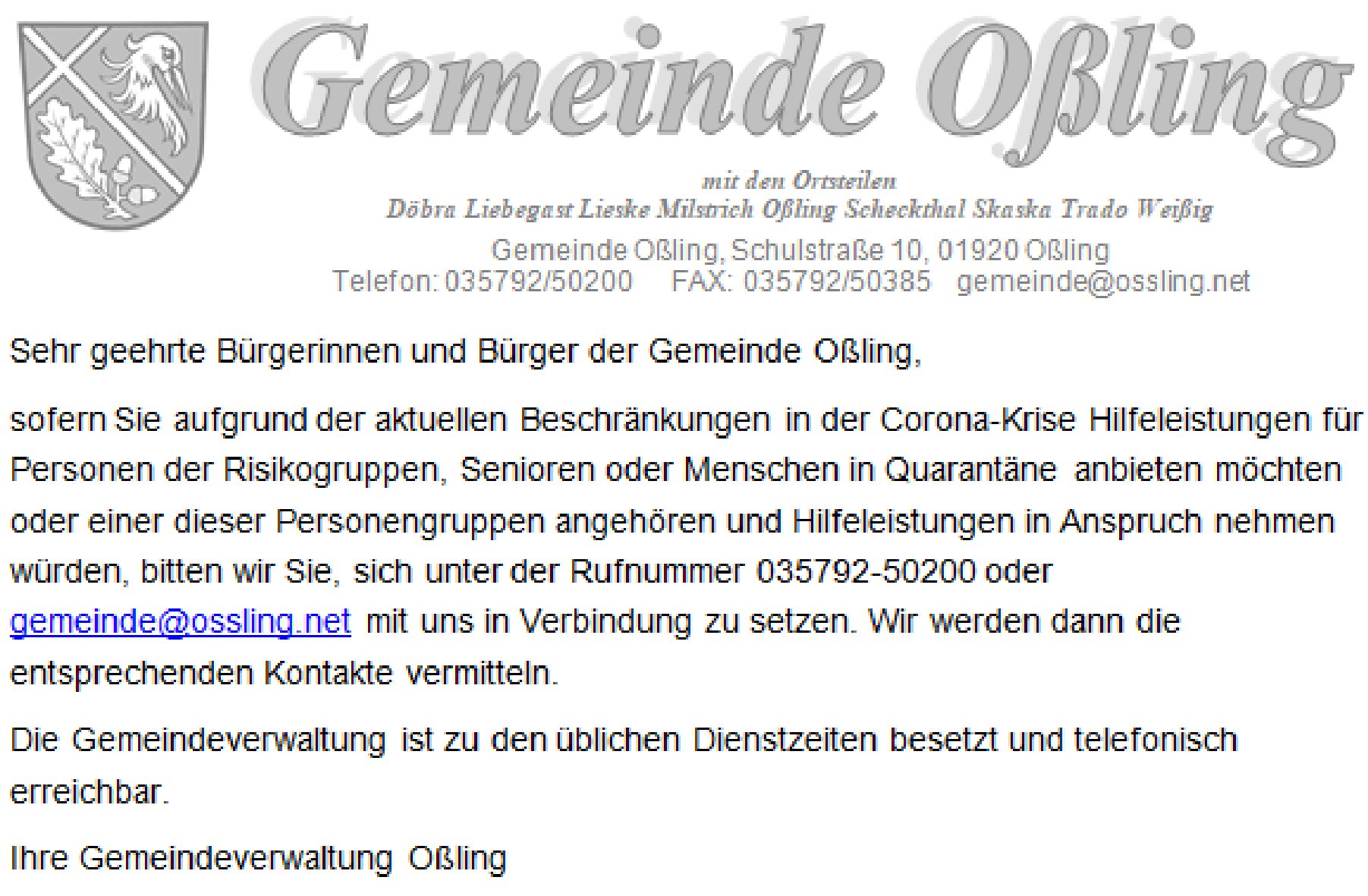 Gemeinde Oßling - Mitteilung zur Corona-Krise 3