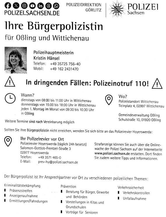Oßling: Sprechstunde Bürgerpolizei